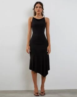 Adina Asymmetric Hem Midi Dress In Slinky Black