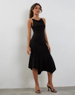 Adina Asymmetric Hem Midi Dress In Slinky Black -Outlet Modi Vora Store ADINA DRESS BLACK SLINKY ADINA DRESS BLACK SLINKY236