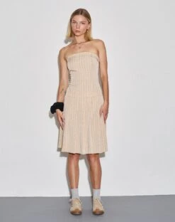 Aldari Bandeau Midi Dress In Tailoring Tan Pinstripe -Outlet Modi Vora Store ALDARI DRESS TAILORING TAN PINSTRIPE 3