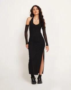 Asmala Halterneck Maxi Dress And Sleeve Set In Black Mesh -Outlet Modi Vora Store ASMALA DRESS BLACK 175479