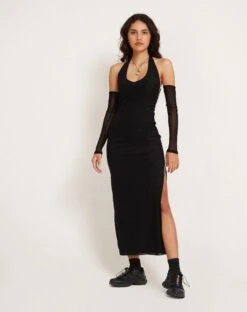 Asmala Halterneck Maxi Dress And Sleeve Set In Black Mesh