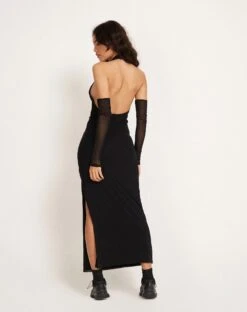 Asmala Halterneck Maxi Dress And Sleeve Set In Black Mesh -Outlet Modi Vora Store ASMALA DRESS BLACK 175498