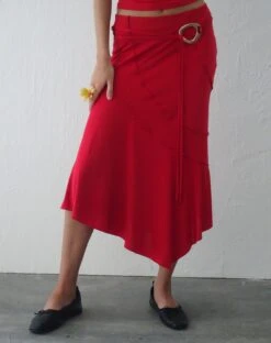 Kimiko Midi Skirt In Red -Outlet Modi Vora Store ATALA TWIST FRONT BANDEAU TOP RED KIMIKO SEAMED MIDI SKIRT RED10
