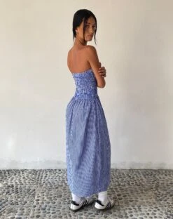 MOTEL X JACQUIE Beleame Bandeau Midaxi Dress In A Blue Striped Poplin -Outlet Modi Vora Store BELEAME DRESS POPLIN SMALL VERTICAL BLUE 1