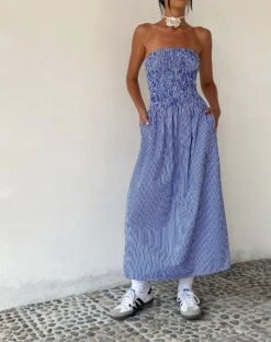 MOTEL X JACQUIE Beleame Bandeau Midaxi Dress In A Blue Striped Poplin