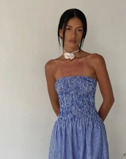 MOTEL X JACQUIE Beleame Bandeau Midaxi Dress In A Blue Striped Poplin -Outlet Modi Vora Store BELEAME DRESS POPLIN SMALL VERTICAL BLUE 5