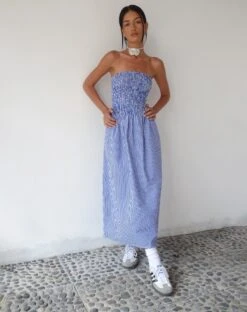 MOTEL X JACQUIE Beleame Bandeau Midaxi Dress In A Blue Striped Poplin -Outlet Modi Vora Store BELEAME DRESS POPLIN SMALL VERTICAL BLUE 5 1