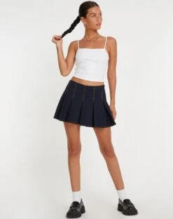 Cajari Mini Skirt In Navy -Outlet Modi Vora Store CAJARI SKIRT NAVY W ORANGE TOP STITCH 127767