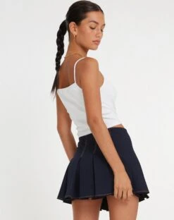 Cajari Mini Skirt In Navy -Outlet Modi Vora Store CAJARI SKIRT NAVY W ORANGE TOP STITCH 127777