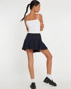 Cajari Mini Skirt In Navy -Outlet Modi Vora Store CAJARI SKIRT NAVY W ORANGE TOP STITCH 127783