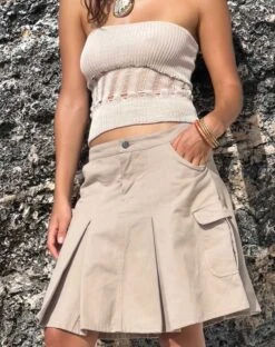 Moirai Low Waist Pleated Cargo Mini Skirt In Stone -Outlet Modi Vora Store CAMILLE TUBE TOP NEUTRAL LADDERED KNIT MOIRAI SKIRT STONE 1