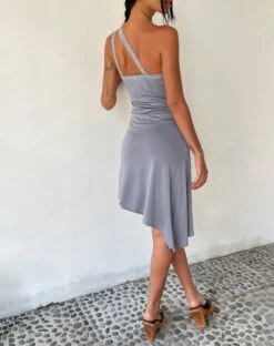 MOTEL X JACQUIE Chrissy Asymmetric Mini Dress In Slinky Grey -Outlet Modi Vora Store CHRISSY ASYMMETRIC DRESS GREY SLINKY