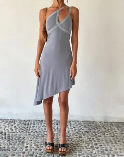 MOTEL X JACQUIE Chrissy Asymmetric Mini Dress In Slinky Grey -Outlet Modi Vora Store CHRISSY ASYMMETRIC DRESS GREY SLINKY 10