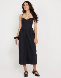 Clementine Corset Midi Dress In Black Poplin -Outlet Modi Vora Store CLEMENTINE DRESS BLACK 3134
