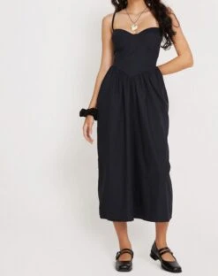 Clementine Corset Midi Dress In Black Poplin -Outlet Modi Vora Store CLEMENTINE DRESS BLACK 3135