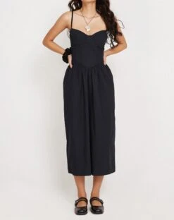 Clementine Corset Midi Dress In Black Poplin -Outlet Modi Vora Store CLEMENTINE DRESS BLACK 3136