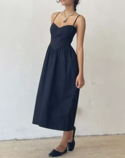 Clementine Corset Midi Dress In Black Poplin