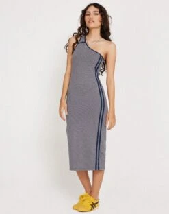 Cresida One Shoulder Midi Dress In Grey Navy Sporty Micro Spot -Outlet Modi Vora Store CRESIDA DRESS SPORTY MICRO SPOT GREY NAVY BINDING 3033