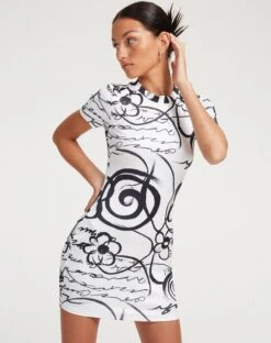 Dahara Mini Dress In Mono Doodle Black And White -Outlet Modi Vora Store DAHARA DRESS MONO DOODLE 95838