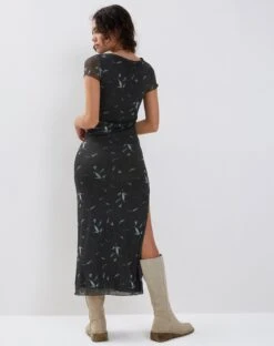 Danari Mesh Maxi Dress In Floral Khaki Silhouette -Outlet Modi Vora Store DANARI DRESS KHAKI SKETCHY SILHOUETTE FLORAL189031