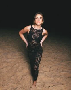 Daudy Tie Back Lace Maxi Dress In Jet Black Lace -Outlet Modi Vora Store DAUDY MAXI DRESS LACE JET BLACK