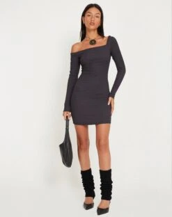Dean Long Sleeve Mini Dress In Crinkle Charcoal