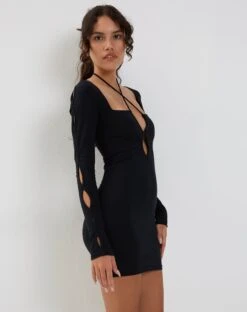 Delaris Long Sleeve Halterneck Mini Dress In Black