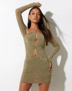Deloti Bodycon Dress In Mixed Animal Flock Olive -Outlet Modi Vora Store DELOTI DRESS OLIVE FLOCKED MESH68873