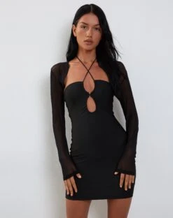 Deluna Long Sleeve Mini Dress In Black Lycra