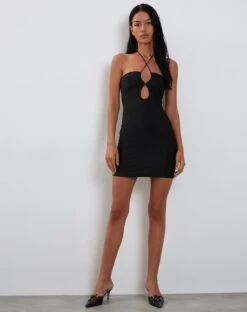 Deluna Long Sleeve Mini Dress In Black Lycra -Outlet Modi Vora Store DELUNA DRESS MESH BLACK 204368