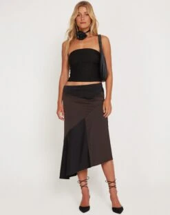 Denala Midi Skirt In Two Tone Black Satin