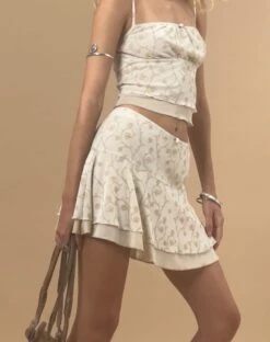 Friska Mini Skirt In Beige Mesh Light Tan Flock -Outlet Modi Vora Store DESKA TOP FRISKA SKIRT BEIGE MESH WITH LIGHT TAN DAINTY FLORAL FLOCK 6