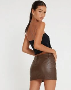 Disya Mini Skirt In PU Brown -Outlet Modi Vora Store DISYA SKIRT PU BROWN 135176