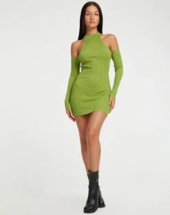 Dundar Knitted Mini Dress In Golden Lime -Outlet Modi Vora Store DUNDAR DRESS RIB KNITE GOLDEN LIME115736