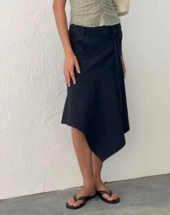 Nejusi Asymmetric Midi Skirt In Black With Braided Belt