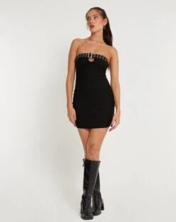 Farasya Mini Dress In Black With Eyelet -Outlet Modi Vora Store FARASYA DRESS BLACK W EYELET 153012