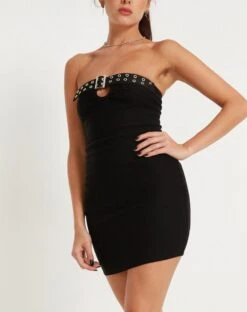 Farasya Mini Dress In Black With Eyelet -Outlet Modi Vora Store FARASYA DRESS BLACK W EYELET 153016