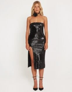 Gabela Bandeau Bodycon Midi Dress In Statement Sequin Black -Outlet Modi Vora Store GABELA DRESS STATEMENT SEQUIN BLACK 169431