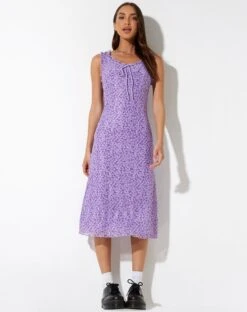 Geya Mesh Midi Dress In Daisy Floral Lilac