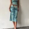 MOTEL X JACQUIE Gia Midi Skirt In Mesh Abstract Paint Brush Green
