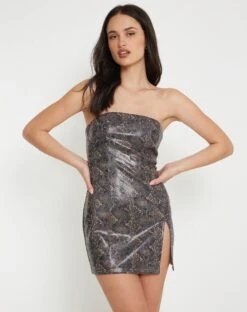 Hyacinth Bandeau Dress In PU Snake Skin Tan -Outlet Modi Vora Store HYACINTH DRESS PU SNAKE SKIN TAN 165036