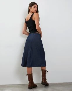 Imbrella Denim Midi Skirt In Dark Indigo -Outlet Modi Vora Store IMBRELLA SKIRT DARK INDIGO197403