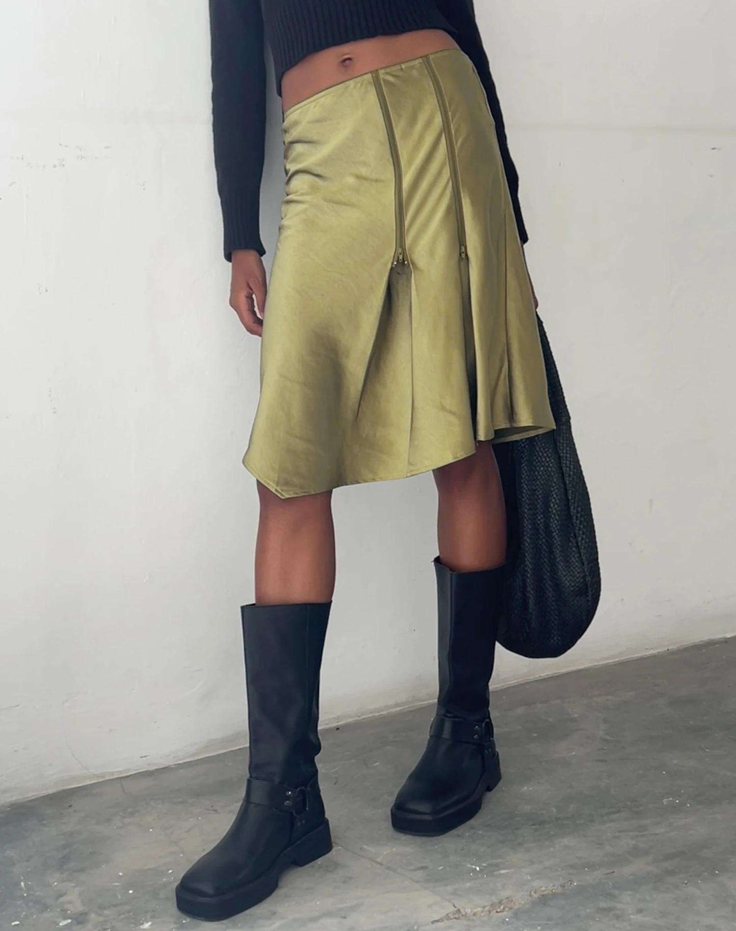 Slaza Midi Skirt In Satin Olive 1 Slaza Midi Skirt In Satin Olive