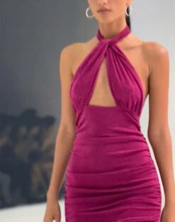 Marbella Halterneck Mini Dress In Magenta Purple