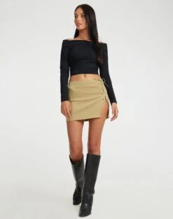 Iram Mini Skirt In Tan -Outlet Modi Vora Store IRAM SKIRT TAN STRETCH TAILORING114813