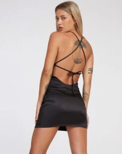 Jalesa Halterneck Mini Dress In Satin Black -Outlet Modi Vora Store JALESA DRESS BLACK HEAVY SATIN 100622