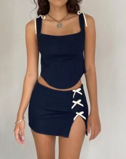 Yitra Bow Mini Skirt In Dark Indigo -Outlet Modi Vora Store JATMI CORSET TOP YITRA SKIRT DARK INDIGO 11