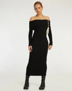 Jesuita Bardot Knitted Midi Dress In Black -Outlet Modi Vora Store JESUITA DRESS RIB KNIT BLACK 144317
