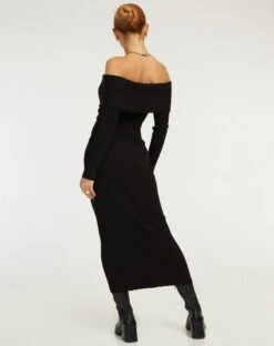 Jesuita Bardot Knitted Midi Dress In Black -Outlet Modi Vora Store JESUITA DRESS RIB KNIT BLACK 144338