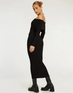 Jesuita Bardot Knitted Midi Dress In Black -Outlet Modi Vora Store JESUITA DRESS RIB KNIT BLACK 144340